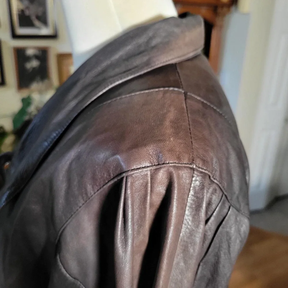 Luigui‎ M Genuine Leather Jacket RARE Vintage 90s Brown Collared Coat Women's